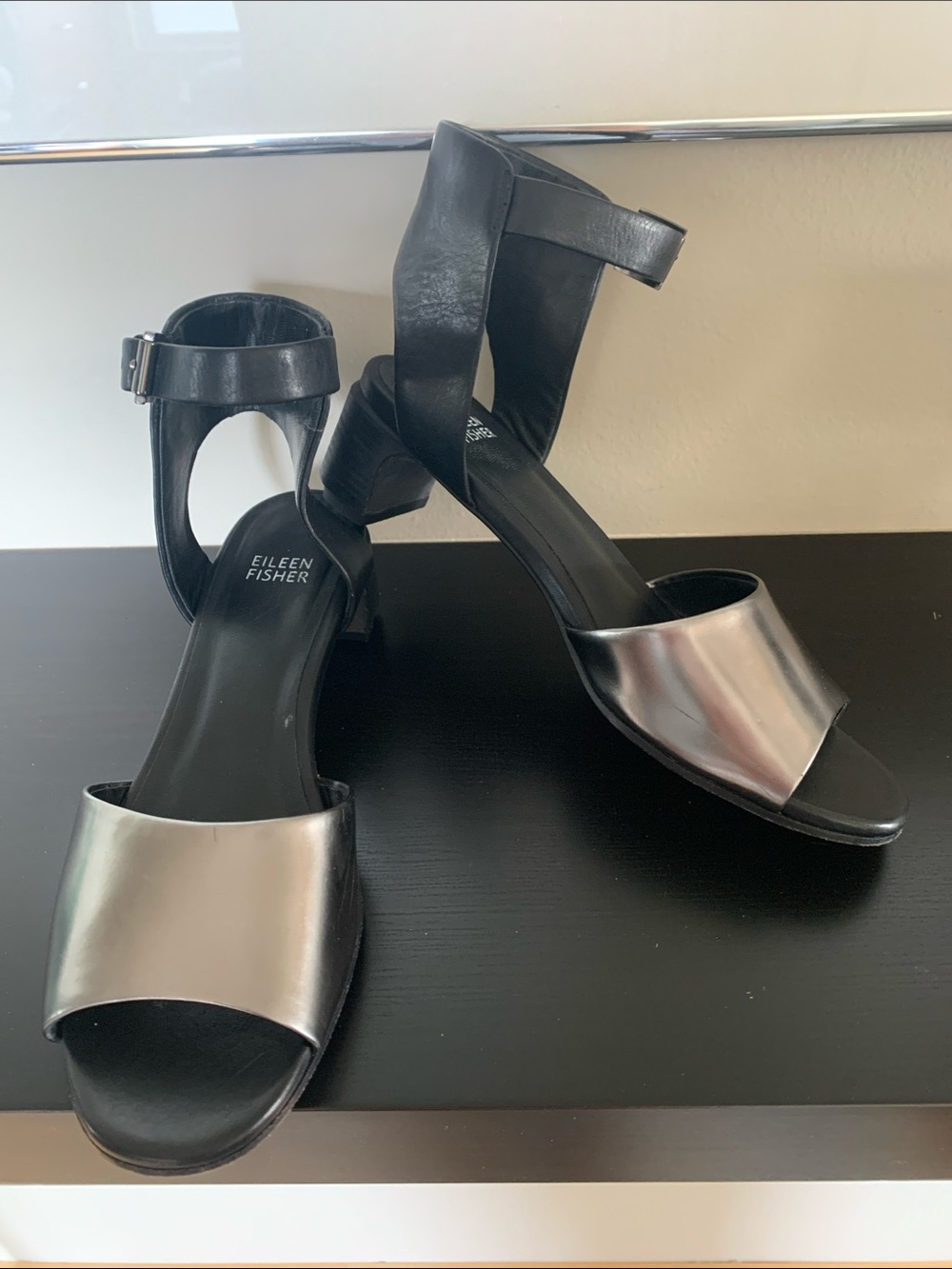 Eileen Fisher Black and Metallic Silver Open-Toe Ankle-Strap Heels